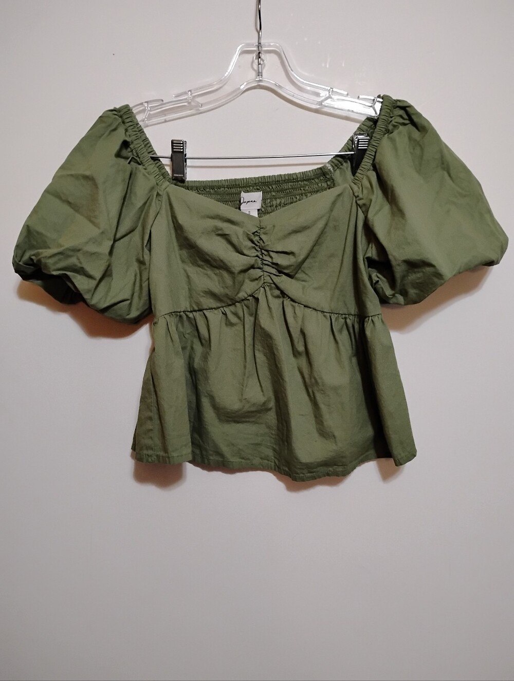 JOPRA Olive Bell-Puff-Sleeve Off-Shoulder Peplum Green Top 100% Cotton S